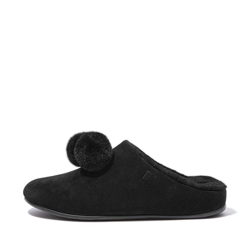 Fitflop Womens Slippers - Chrissie Pom-pom Shearling - Black - 981-RSOBTL